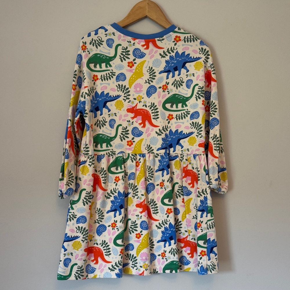 Mini Boden Cream Dress with Multicolor Dinosaur Print (blue, green, red, yellow) - Picture 3 of 8
